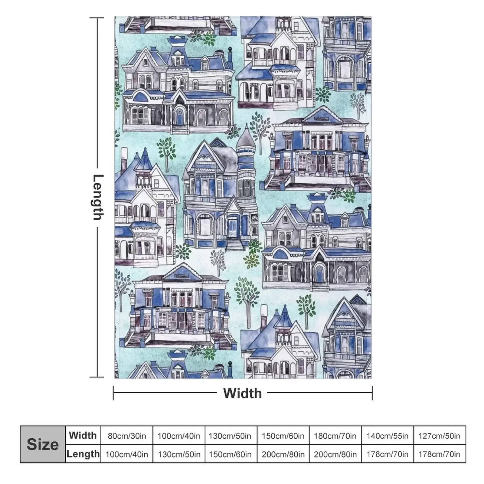 Blue Watercolor Victorian Houses Throw Blanket Custom Luxury Thicken Hairys Bed Fashionable Blankets