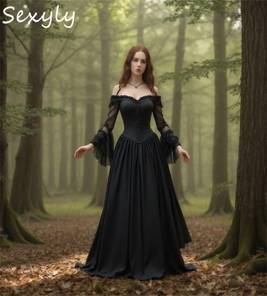 

Fantasy Black Gothic Wedding Dress Off Shoulder Long Sleeve Civil Boho Era Witch Bride Gown Medieval Celtic Aesthetic Customized