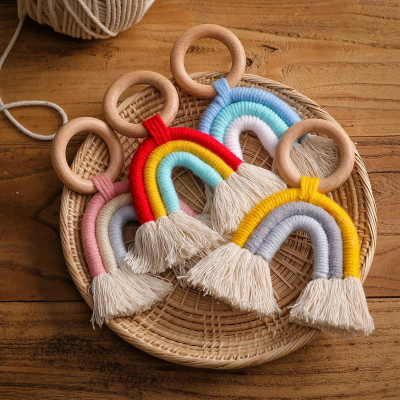 

Baby Wooden Teether Rainbow Tassel Pendant Toy 1-12 Month Crib Ring Pendant Teethers Rodent For Newborn Educational Toys Gifts