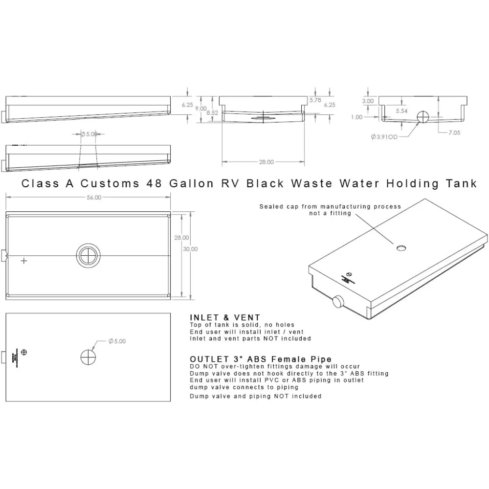 RV Waste Black Water Holding Tank 48 Gallon, 56 x 30 x 9, Heavy Duty WT-4800 Equivalent