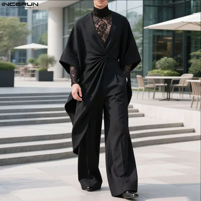 

INCERUN Мужская длинная стильная рубашка, однотонная плиссированная рубашка с v-образным вырезом и рукавами 3/4, мужские рубашки нестандартной формы, уличная одежда, свободная модная повседневная мужская одежда