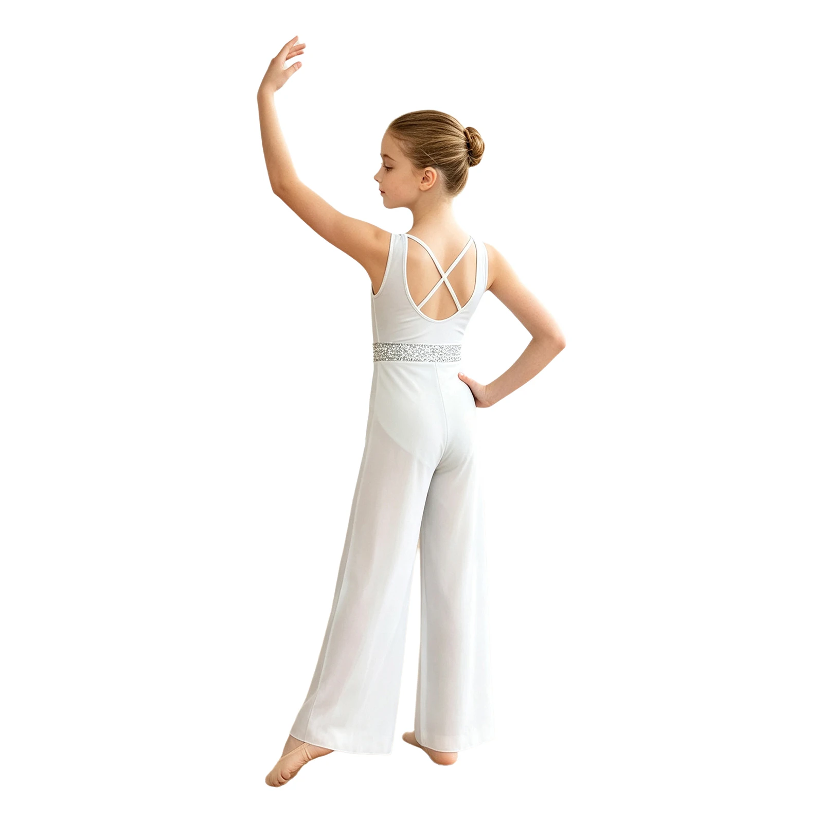 Girls Lyrical Modern Dance Jumpsuit Ballet Gymnastics Leotard Sleeveless Rhinestone Ruched Mesh Bodysuit with Built-in Briefs