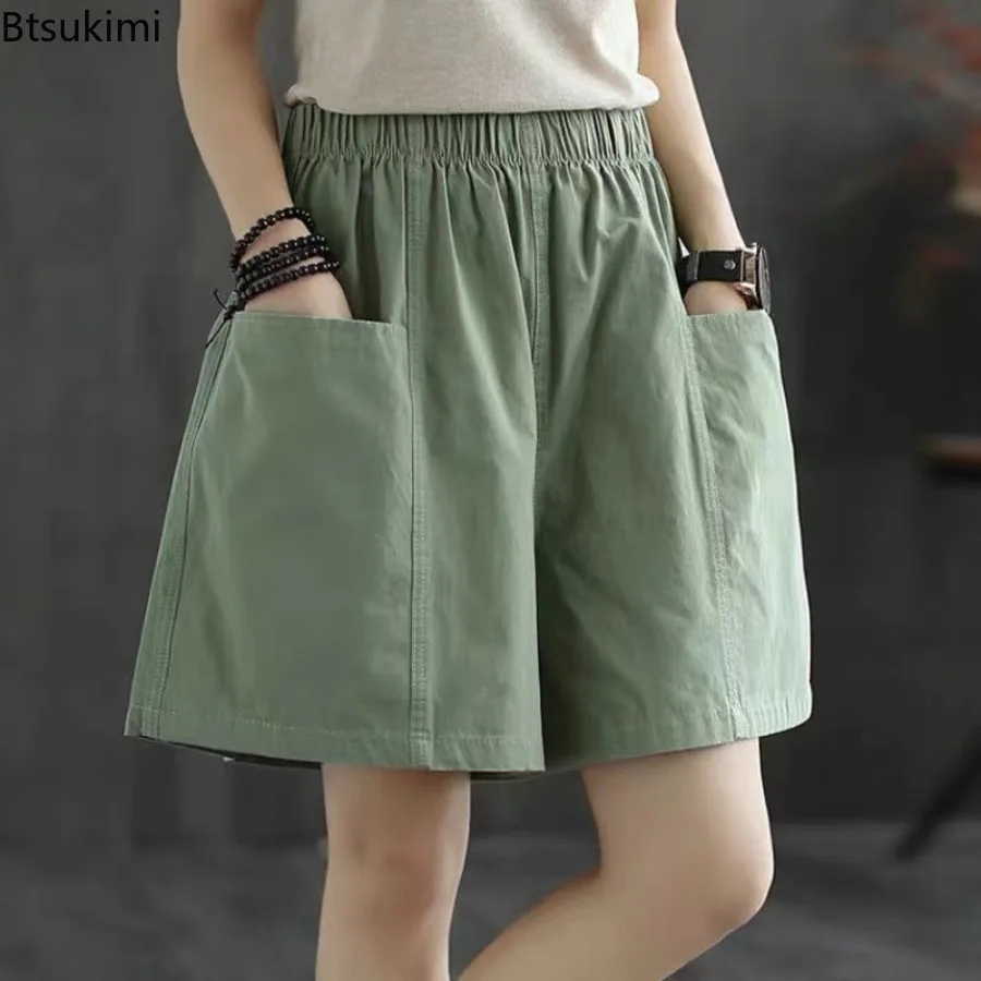 

2025Women's Loose Casual Shorts Fashion Harajuku Solid All Match High Waist Wide Leg Pants Summer Big Pocket Cargo Shorts Female