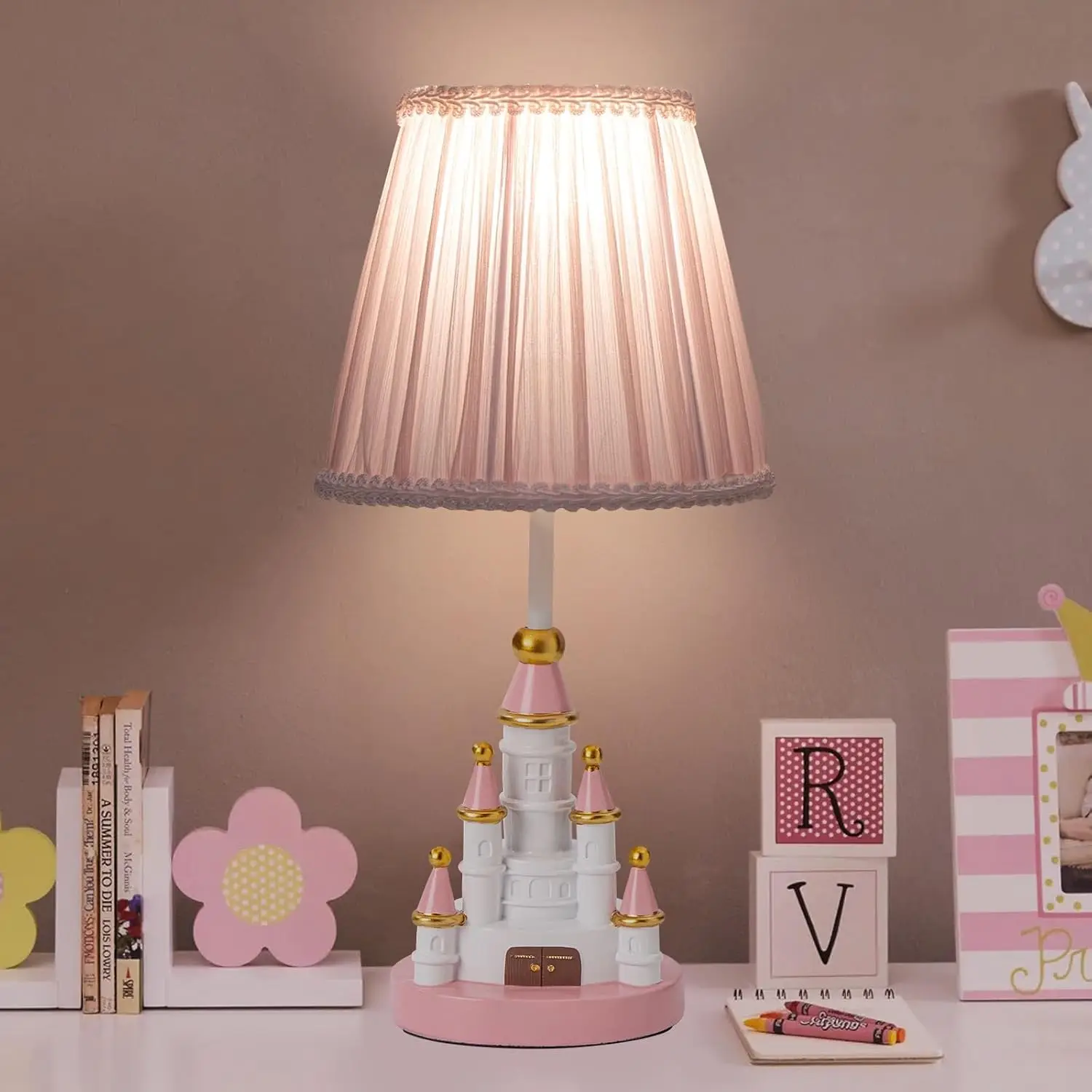 

Adorable Pink Castle Kids Desk Lamp, 14 Inch Bedside Light with LED Bulb for Girls Room Decor
