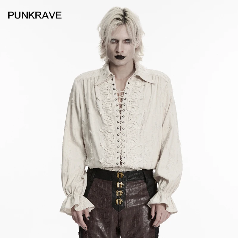 

PUNK RAVE Men's Gothic Classic Lapel Distressed Cotton & Linen Shirt Loose Front Drawstring Elegant Flared Sleeves Retro Top