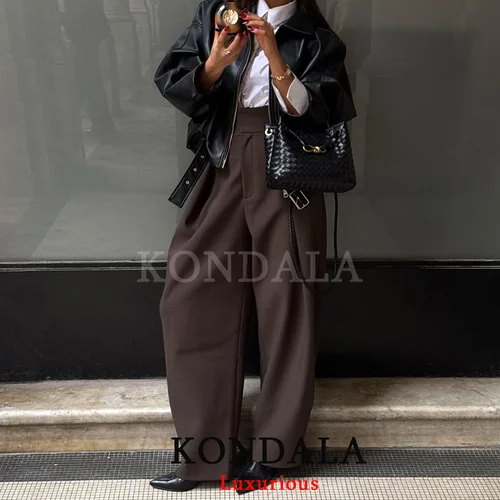 Imagen 2 del producto Pantalones Largos Plisados Casuales KONDALA para Mujer, Pantalones Anchos con Bolsillos, Cintura Alta, Pantalones Rectos de Moda Primavera Verano 2026