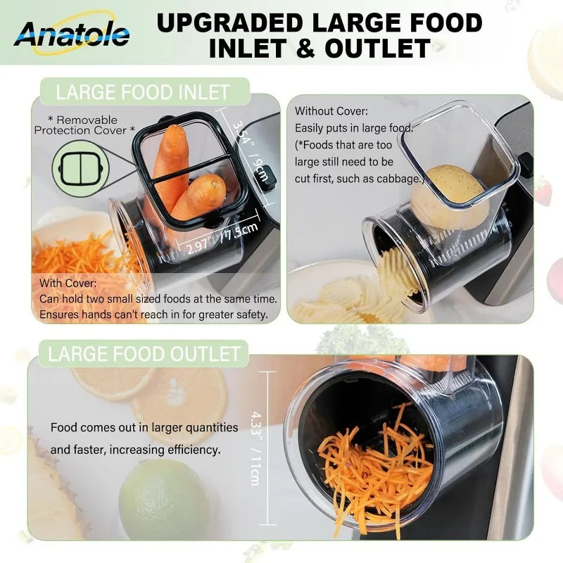 Anatole Electric Cheese Shredder Vegetable Grater 250W Stainless Steel Upgraded Large Diameter Carrot Slicer Multifunctional