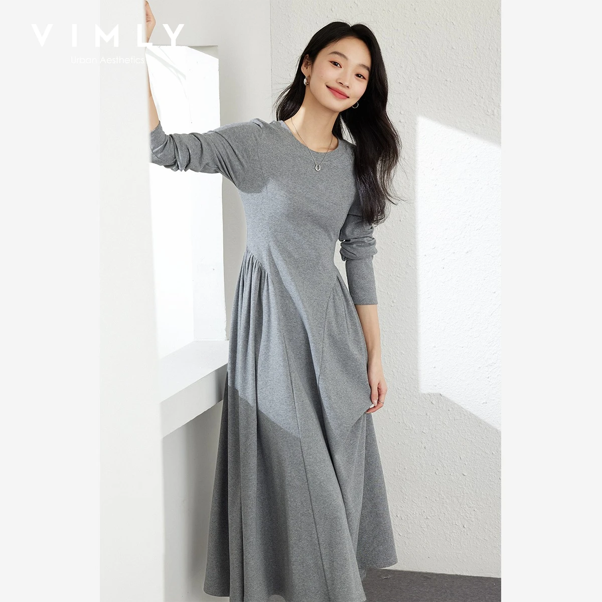 

Vimly Women's Midi Dress 2026 Autumn French Style Figure-Flattering Long Sleeve A-Line Dress Elegant Versatile Office Wear M8667
