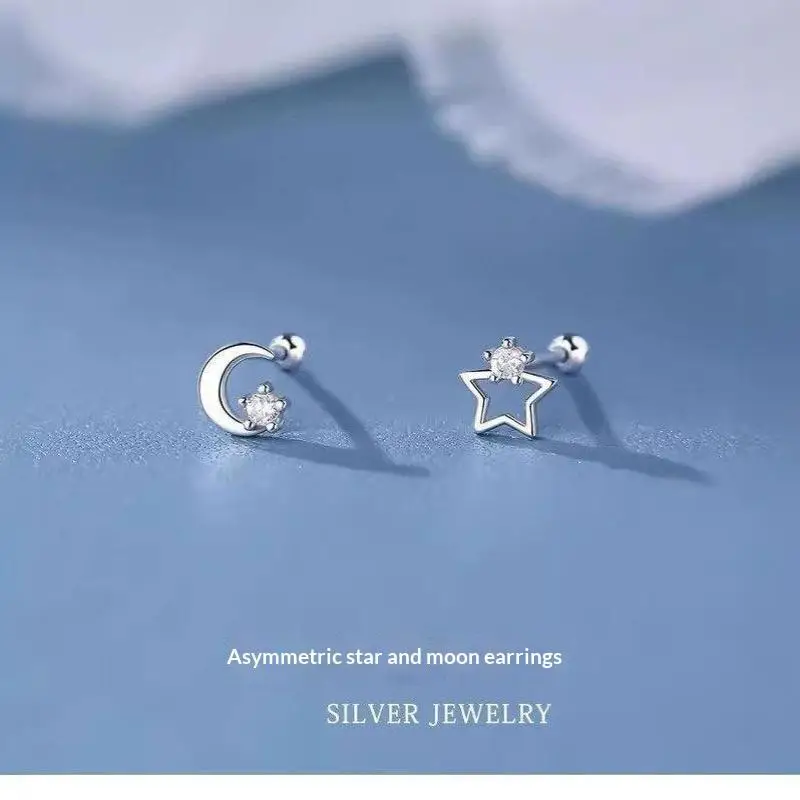 Star Moon Asymmetric Stud Earrings Matte Finish Versatile Fashion Jewelry for Daily Wear Graduation Gift