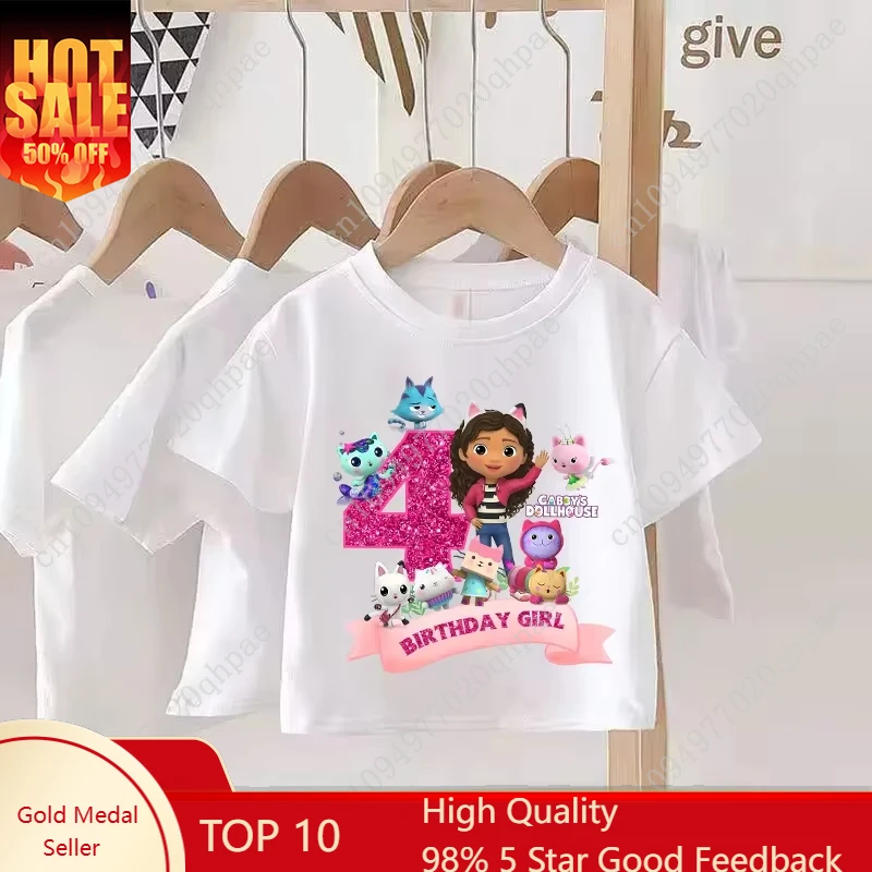 

Gabbys Dollhouses Birthday Number T-shirt Girls White Pink Short Sleeve T-shirts Tops Cotton Summer Casual Party Supplies Tee