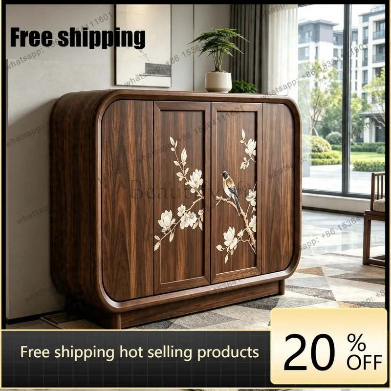 YJ North American Black Walnut Solid Wood Sideboard Minimalist Glass Wine Display Wall Dining Storage Cabinet