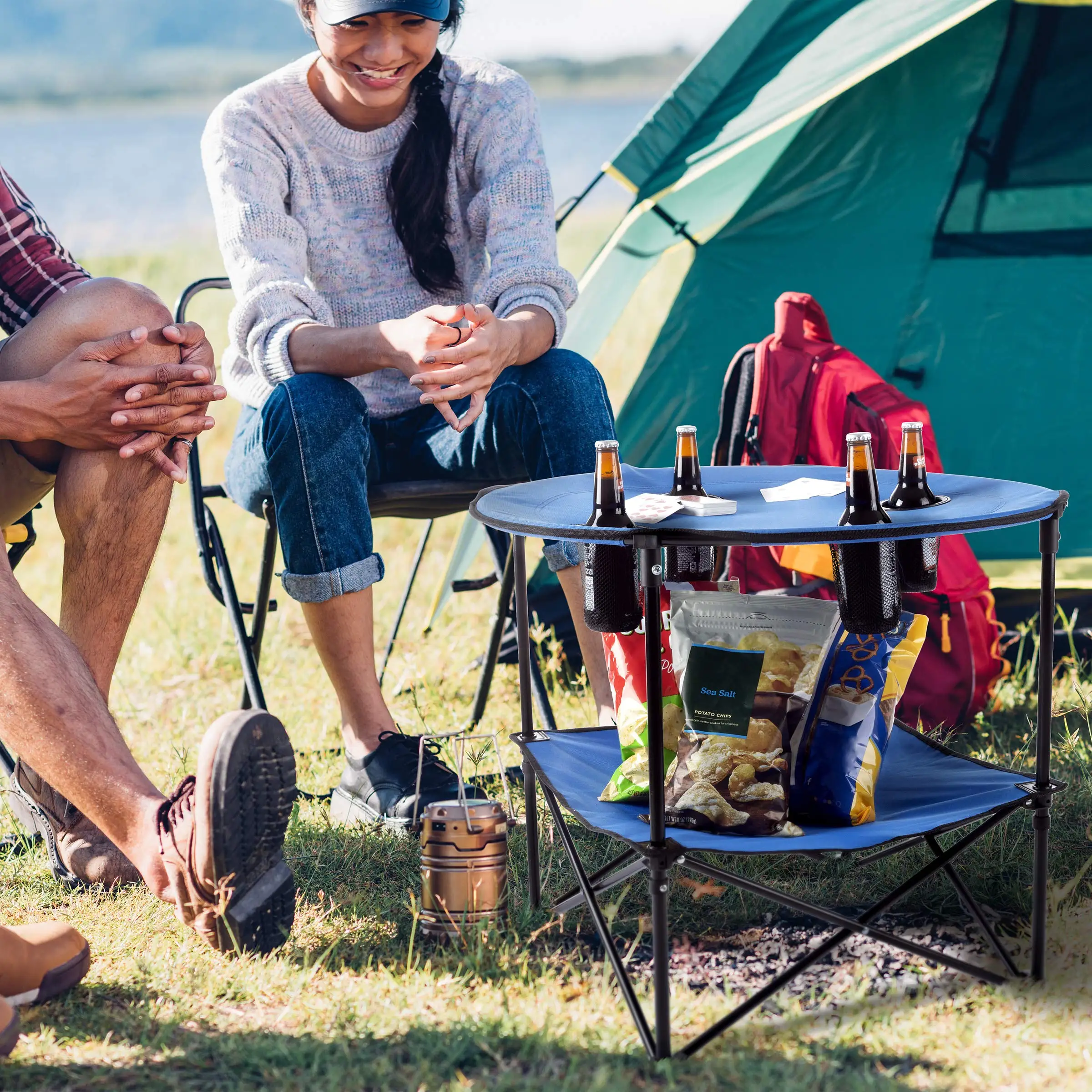 Camp Table Round 2-Tier Folding Table with 4 Cupholders and Carrying Bag for Camping, Beach and More Outdoors