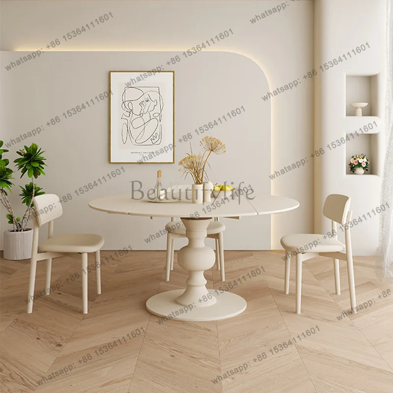 Factory Direct Sales French Cream Wind Square and Circle Dual-purpose Rotating Dining Table Multifunctional