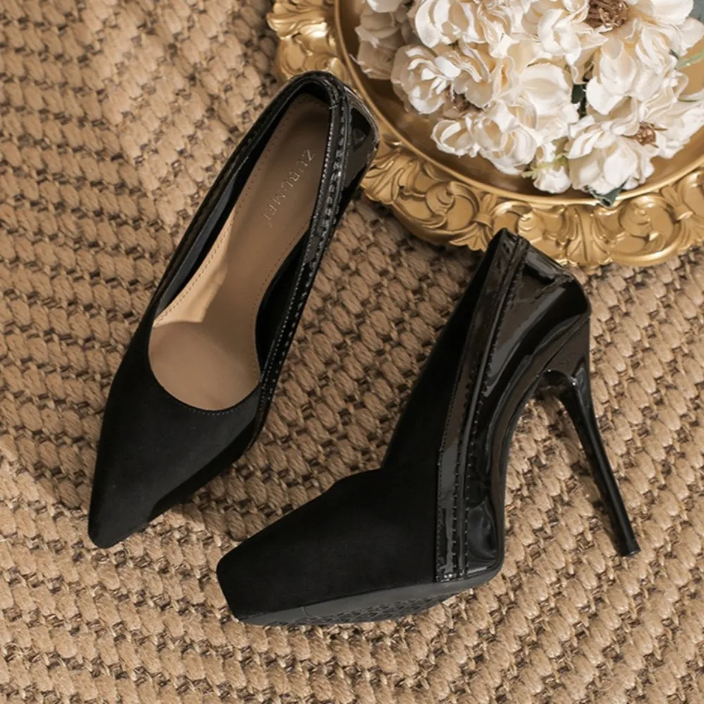 Women's Pumps and Heels French Suede Pointed Stiletto High Heels12cm Temperament Waterproof Table Black Light Mouth Shoes Woman
