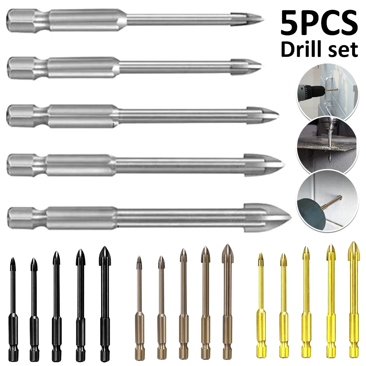 5pcs Drill Bit Set Triangle Drill Bit with Hex Shank 3/4/5/6/7mm Drill Bit Straight Shank  for Metal Stainless Steel Drilling