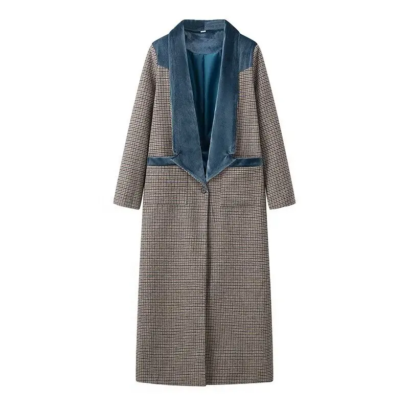 Manteau en tweed à carreaux avec bouton unique pour femme, pardessus à manches longues, veste mi-longue, mode urbaine, épissage, chaud, hiver, nouveau, 2024