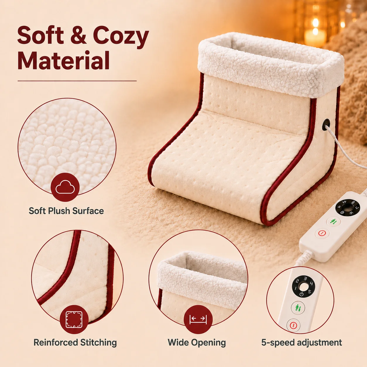 Thermal Foot Warmer White Plush Detachable Washable Liner 5 Temp Settings 1H Auto Shut Off For Home Office  Indoor Winter Warmth