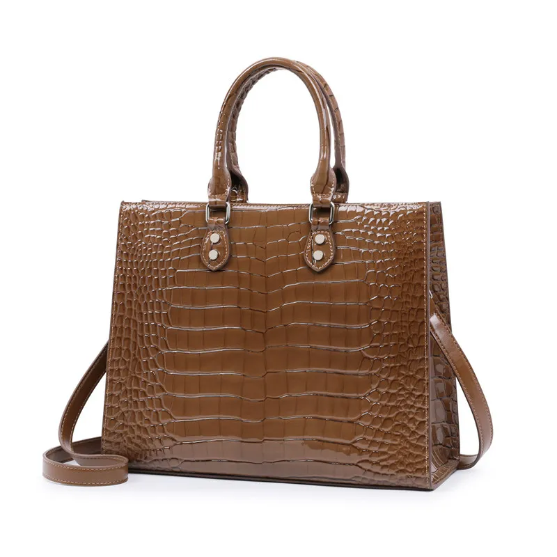 Aidrani Ladies Genuine Cowhide Tote Bag, Crocodile Print Double Handle Handbag, Removable Strap Crossbody Shoulder Purse