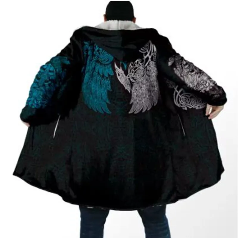 الرجال الشتاء موضة مقنعين عباءة مع التنين الوشم ثلاثية الأبعاد مطبوعة الصوف مقنعين عباءة محايد عادية سميكة الدافئة عباءة معطف Z0289 #2