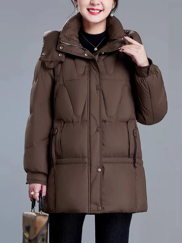 

Winter Women's Long Hooded down Cotton Jaet Mid-Length Coat Korean Sle Loose Fit Button Zipper ket Cotton Inner Liner