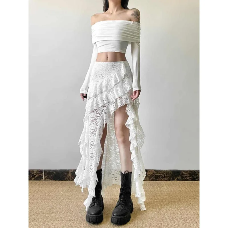 

Женская летняя юбка нестандартной формы, длинные юбки, готическая одежда, белая милая дизайнерская кружевная лоскутная высокая юбка с рюшами