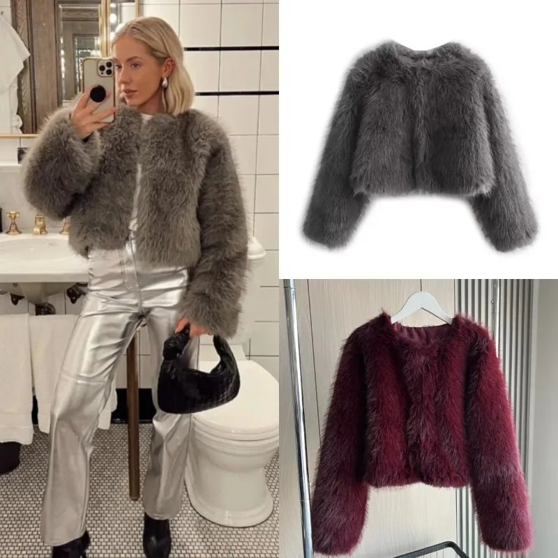 

Faux fur jacket Fall/Winter New Fashion Women's Faux Fur Effect Round Neck Long Sleeve Short Jacket