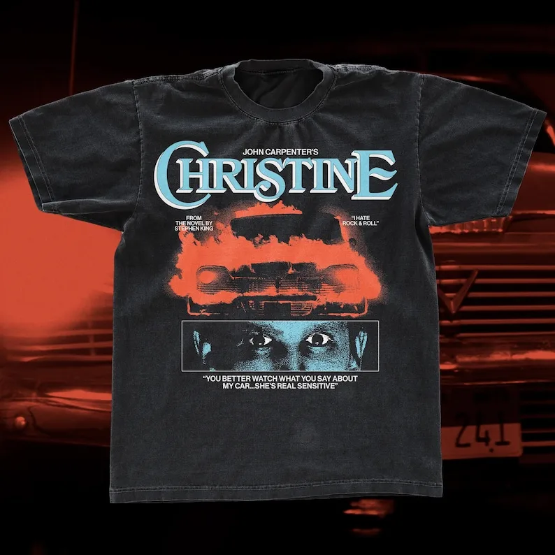 Camiseta de Christine, camiseta con estilo serigrafiado de John Carpenter, camiseta unisex negra teñida en prenda, de peso pesad