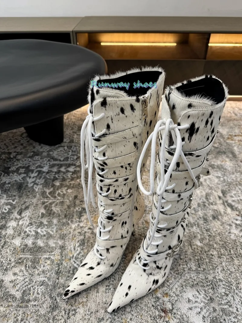 Handmade Color-Blocked Knee-High Boots  Stilettos Cross Straps Women's Boots Christmas Party Runway Boots Luxury Winter Boots