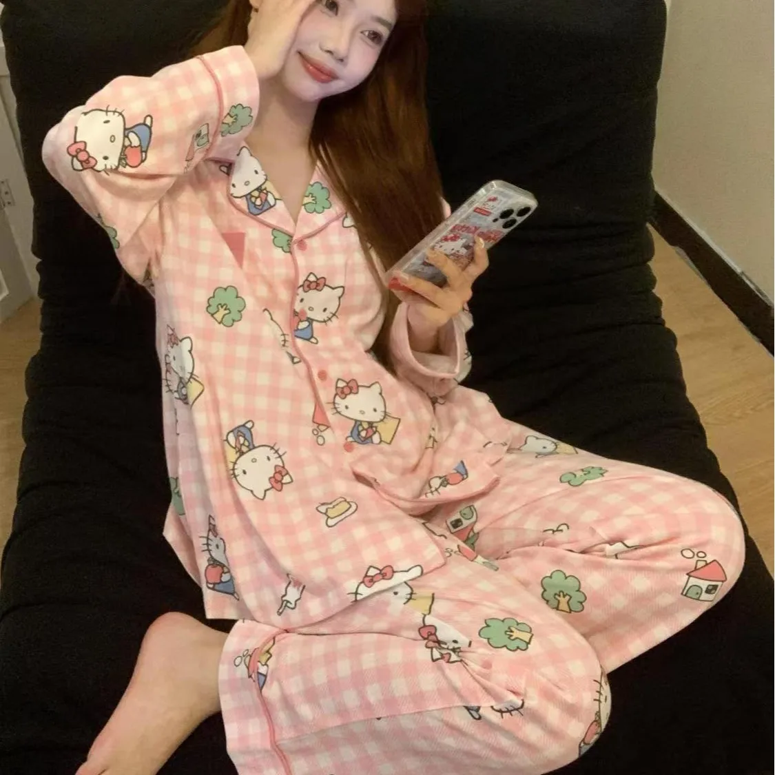

Hello Kitty Women Pajama Set Cardigan Long Sleeve Long Pants Sweet Girl Home Loungewear Spring Autumn Kawaii Sleepwear