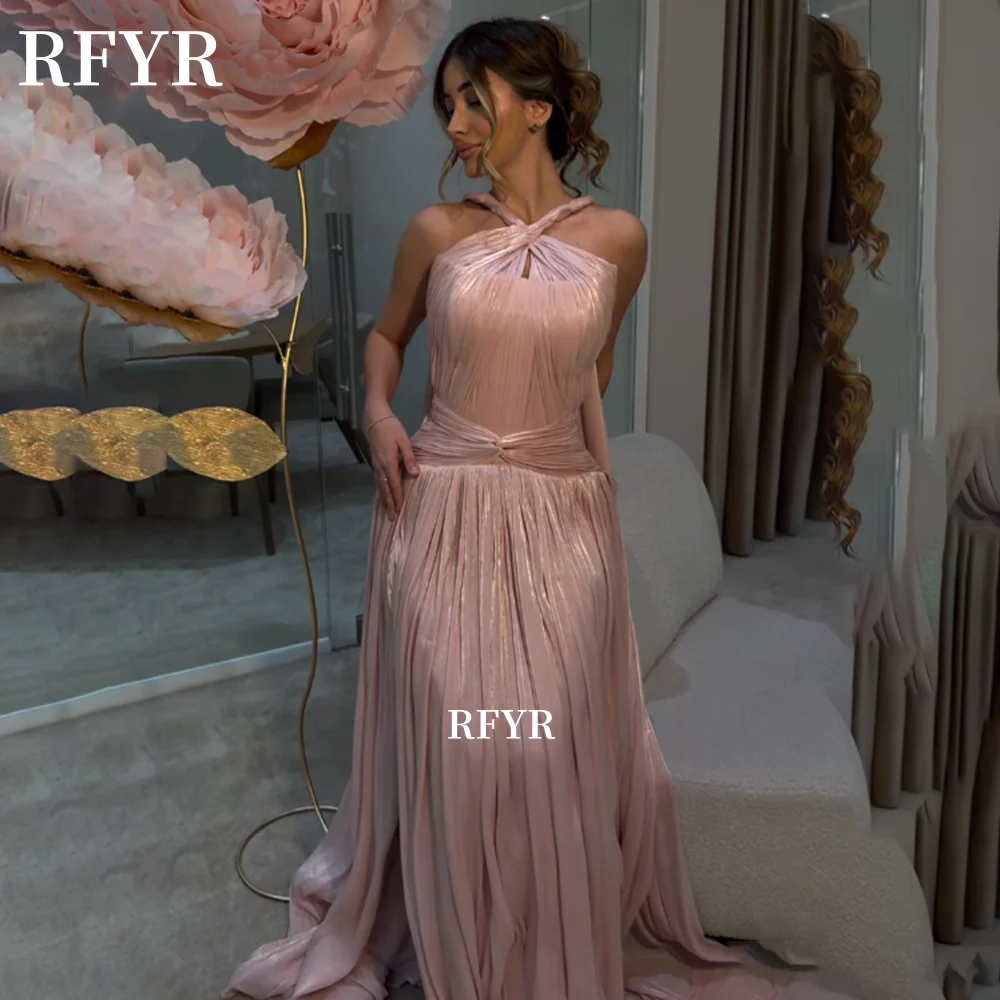 

RFYR Crepe Prom Dress Halter Evening Dress with Pleats Evening Dress Blush Crape Party Dress for Women فساتين منا Customized