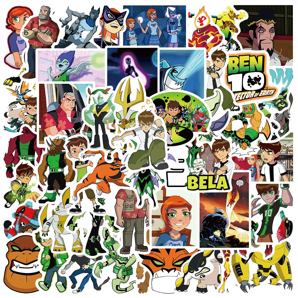 50pcs Ben 10 Cartoon Anime Stickers Funny Toys Luggage Guitar Skateboards Laptop Water Bottle Waterproof Decals Kid Gifts