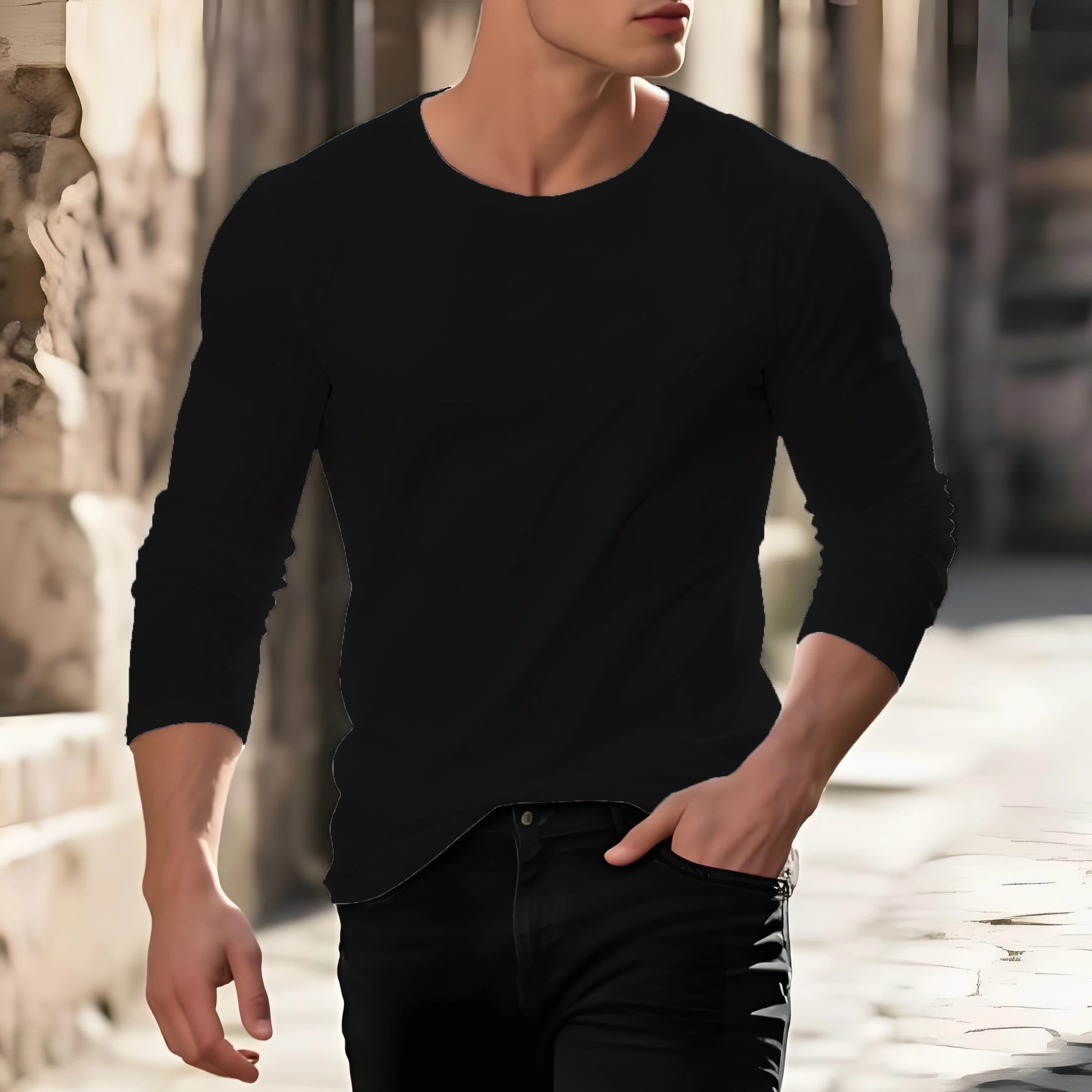

Simple Solid Color Print Men's Long Sleeve T-shirt Casual O-neck Loose Pullover Run Fitness Sports Tops Spring Autumn Clothing