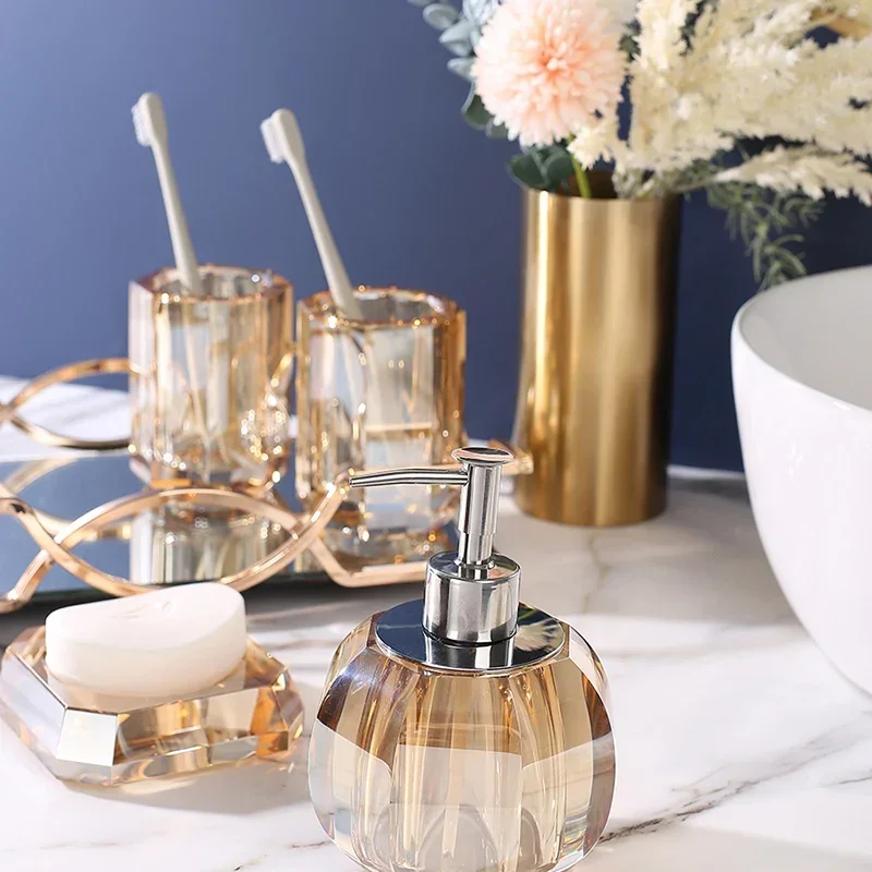 Luxury Crystal Bathroom 4/Piece of Household Push-on Lotion Bottle/Mouth Cup/Cotton Swab Can/Storage Tray/Bathroom Accessories