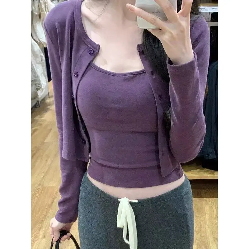 Grape Purple Outerwear Set Casual Slim Fit Long Sleeve Two-Piece Suit Women's Fashion Spring Breathable Comfortable T-Shirt view 2