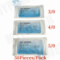 50Pieces Dental Suture Pure Silk Braided Non Absorbable Needled Train Sutures 3/4/5-0