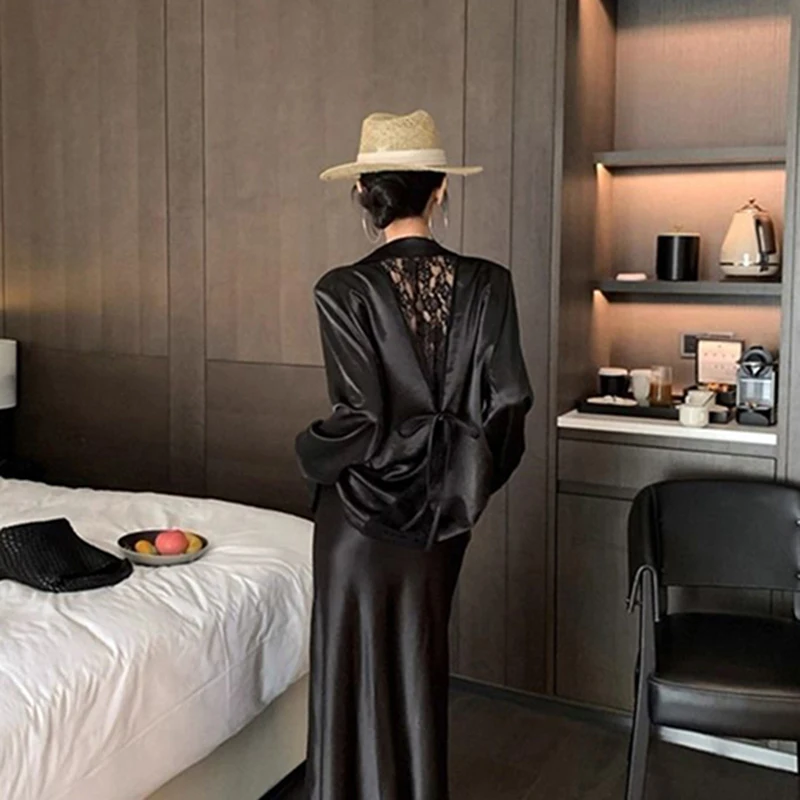 MEXZT Elegant Black Satin Blazer Women Fashion Sexy Lace Bandage Suit Jacket Office Ladies White Coat Korean Commute Outerwears