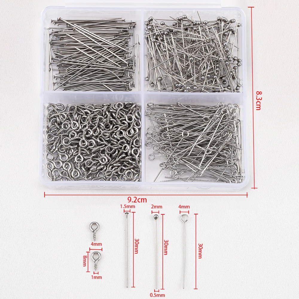 450pcs/Box Stainless Steel Connector Jewelry Making Component Accessories Set 9 Pins Flat Head Pin Headpin Screw Eye Pin Earring