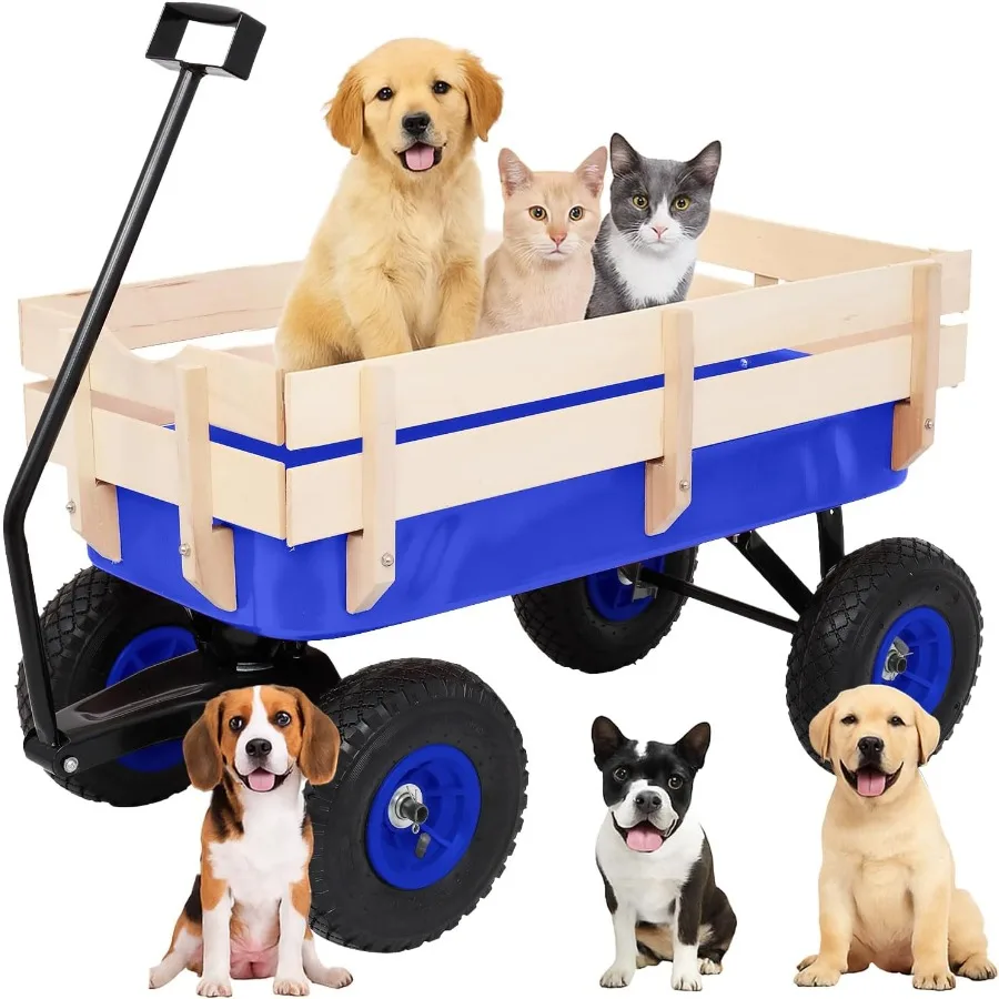 

All-Terrain Cargo Wagon with 10'' Air Tires Steel Structure Wagon with Removable Wooden Side Panels for Garden and Cargo Up to