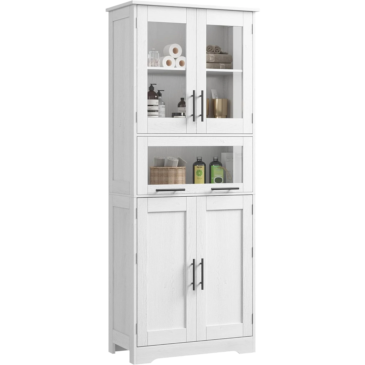 Gabinete de almacenamiento de baño blanco de 67 pulgadas de alto con puertas de vidrio y estante ajustable, armario independiente para sala de estar, cocina