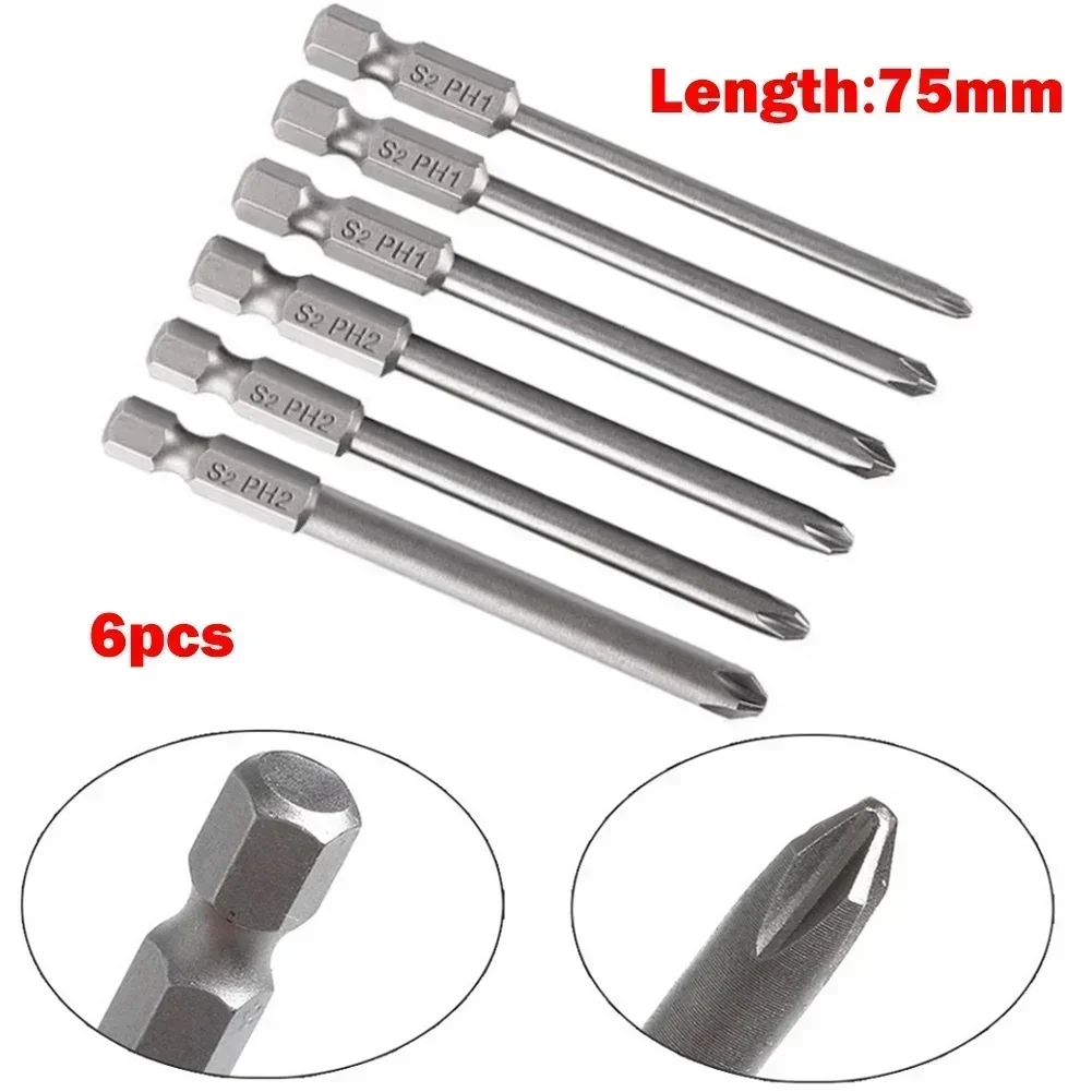 6Pcs Non-Slip Magnetic Batch Head Phillips/Cross Screwdriver Drill Bits  1/4\'\' Hex Shank 75mm Long Alloy Steel PH1 PH2