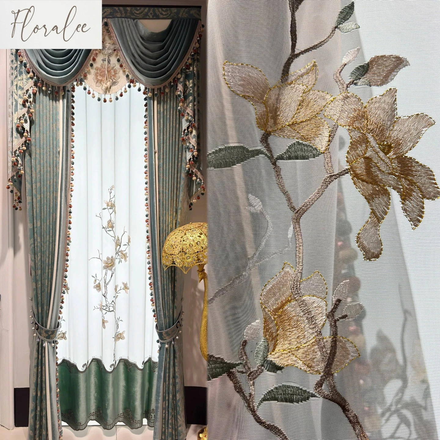 European Embroidered Blue-green Gilded Valance Jacquard Mosaic Luxury Curtains for Living Room Bedroom Window Balcony Tulle