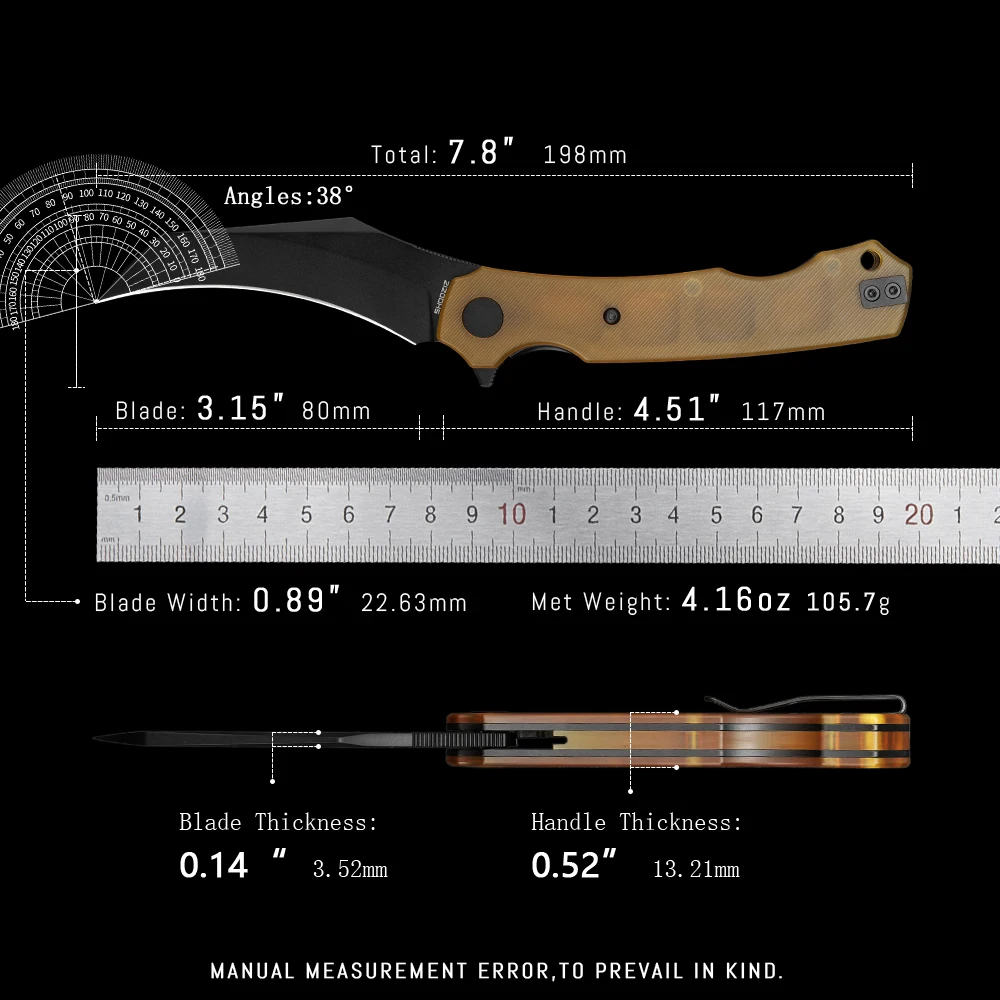 Coltello EDC tascabile Shooziz per uomo, coltello pieghevole Pikal e Ultem/G10, lama ribaltabile Hawkbill in acciaio da 3,15" 14C28N - HAN308
