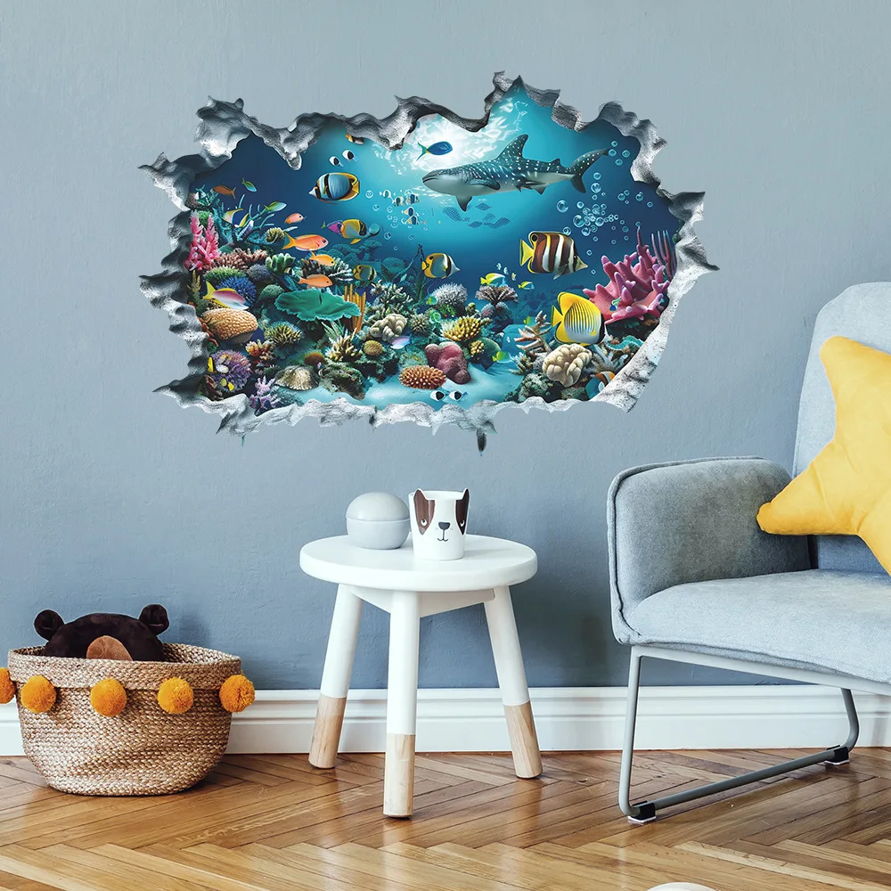 New 3D Wall Stickers Shark Broken Wall Aquarium Ocean Wall Stickers for Kids Rooms Bathroom Kitchen Home Decor Cartoon