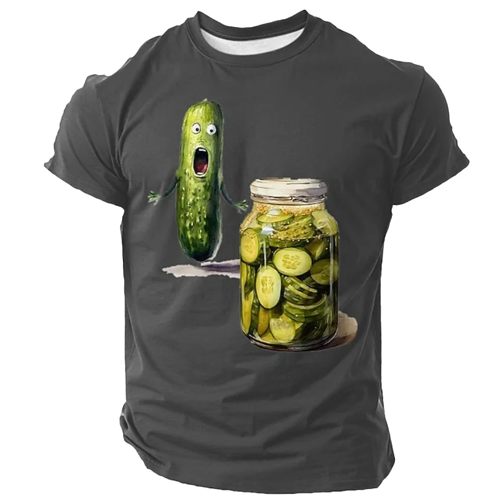 Men's T-shirt with quirky pickled cucumber print, crew neck, short sleeve, creative, trendy, comfortable, and breathable fabric.