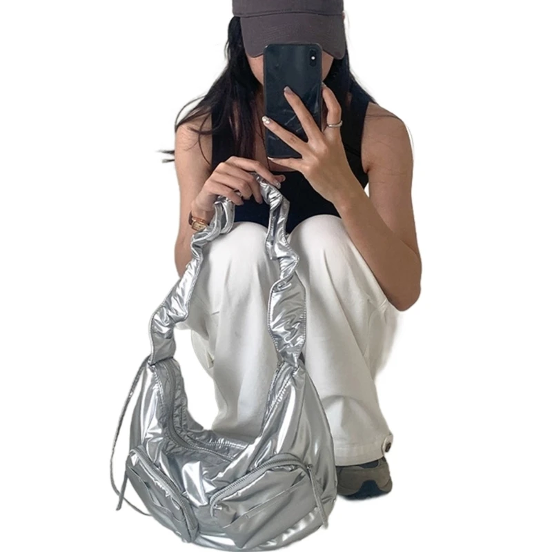 Women Fashion Pleated Drawstrings Shoulder Bag Casual Solid Nylon Crossbody Bag Multiple Pockets Handbag Zippered Purse