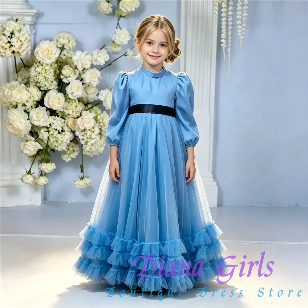 Elegant Quality Layered Flower Girl Dress Blue Tulle Fluffy for Wedding Ball Ruffles Floral Toddler Pageant Birthday Party Gowns