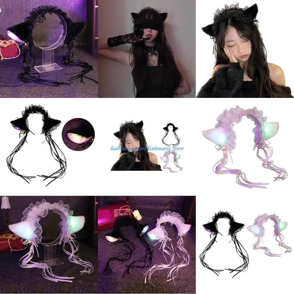 573B القطط الأذن عقال زي الهالوين تضيء أغطية الرأس للحفلات