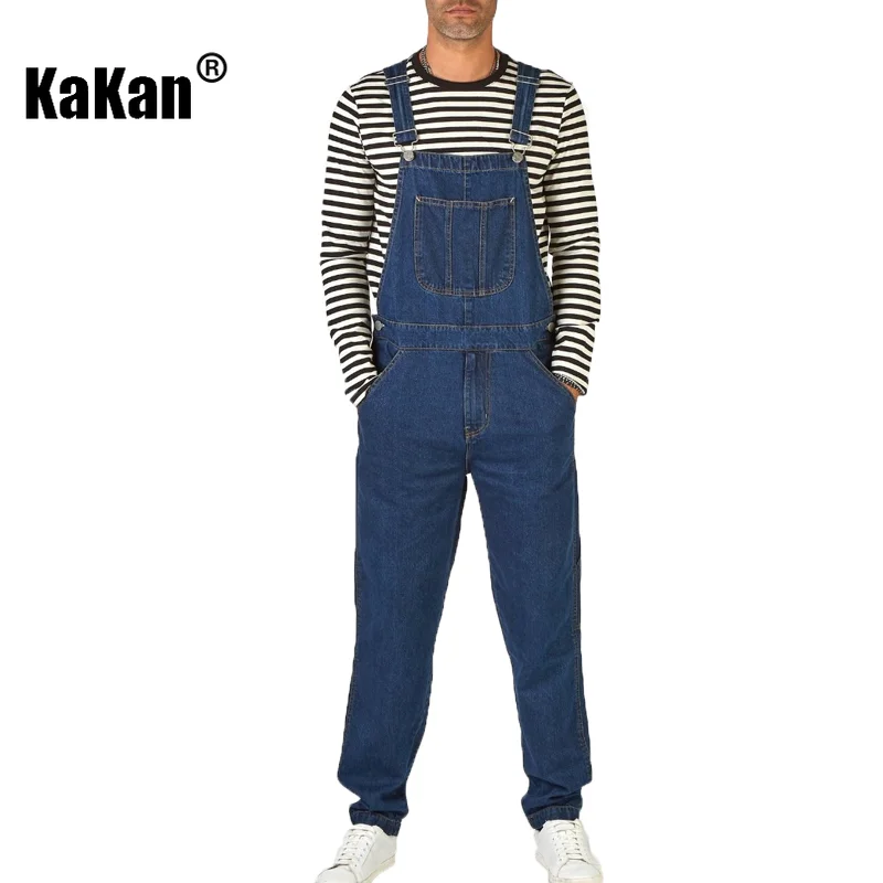 Kakan - New Street Trendy Men's Strap Jeans From Europe and America, Dark Blue One Piece Strap Jeans K34-777