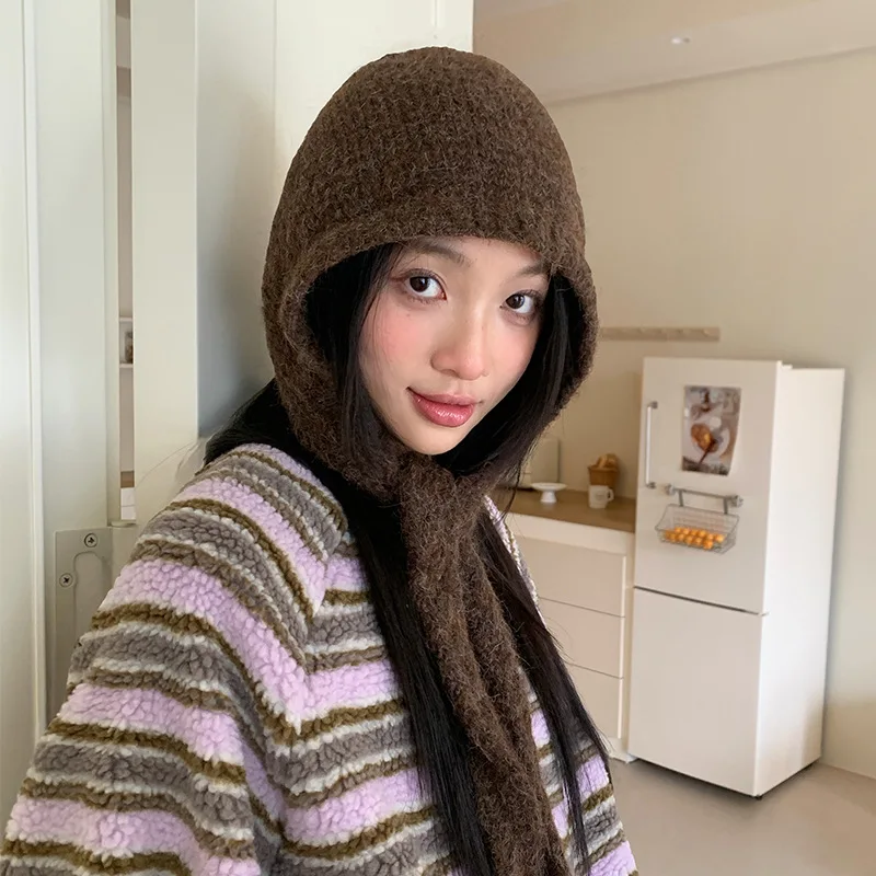 Koreanische, einfarbige, warme, dicke Pullover-Balaclava-Mütze für Herbst und Winter, Outdoor-Bombermütze mit Schnürung zum Schutz der Ohren für Damen – Detail 1