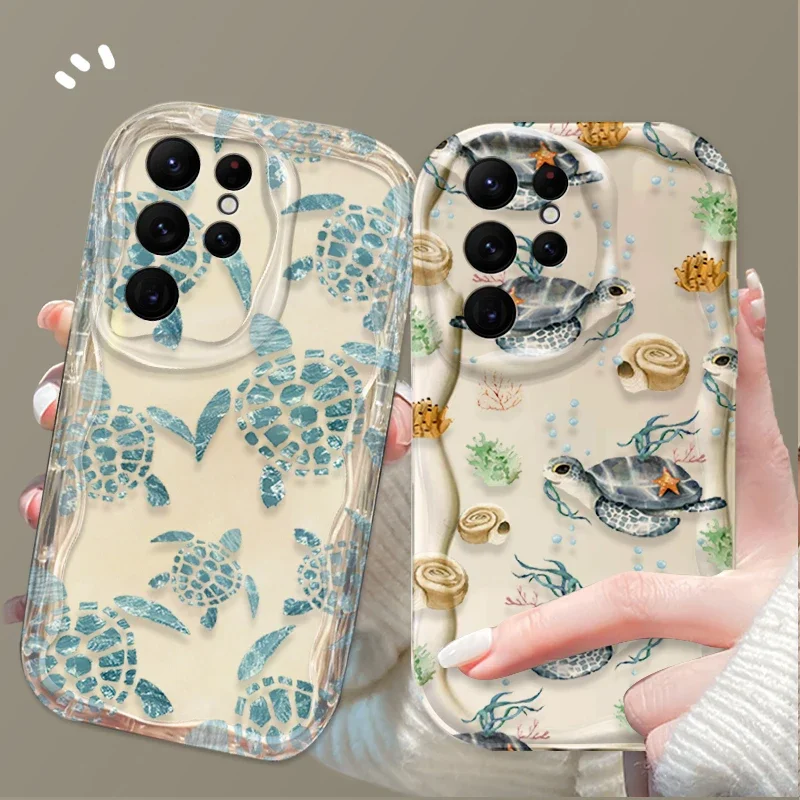 Summer Lovely Ocean Turtle 3D Wave Case For Samsung Galaxy S24 Ultra S23 S22 Plus S21 S20 FE A25 A55 A35 A15 A05 A05S Soft Cover